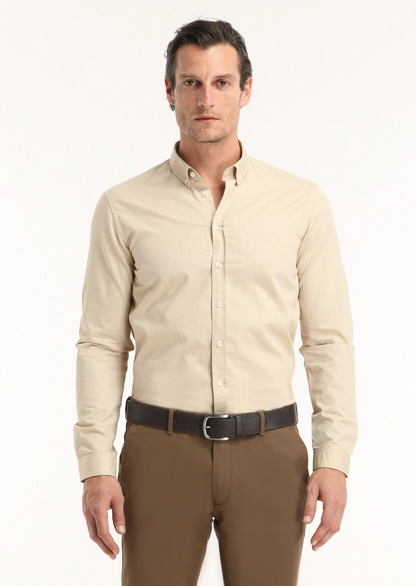 Beige Ribbed Regular Fit Weaving Casual 100% Cotton Shirt - 5