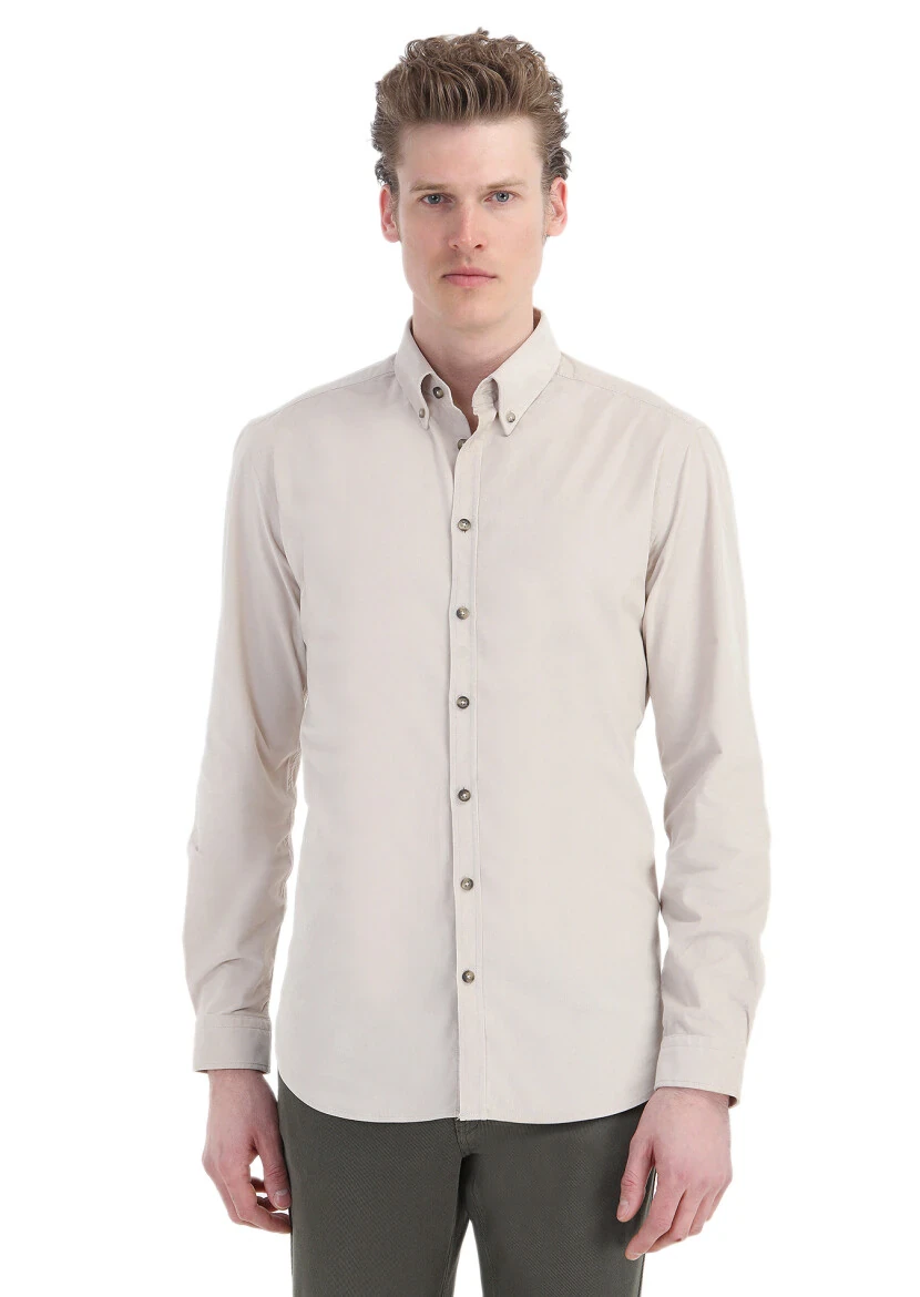 Beige Ribbed Regular Fit Weaving Casual 100% Cotton Shirt - 1