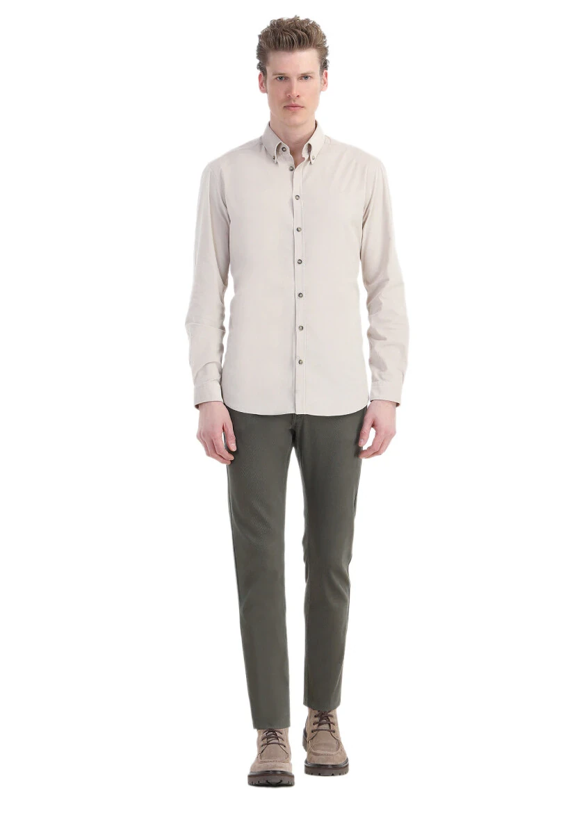 Beige Ribbed Regular Fit Weaving Casual 100% Cotton Shirt - 2