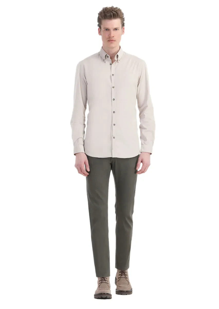 Beige Ribbed Regular Fit Weaving Casual 100% Cotton Shirt - 2