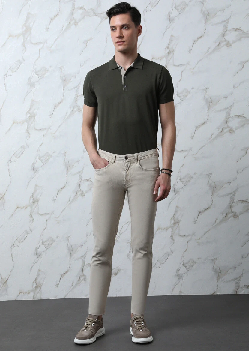 Beige Slim Fit Denim Cotton Blended Trousers - 1