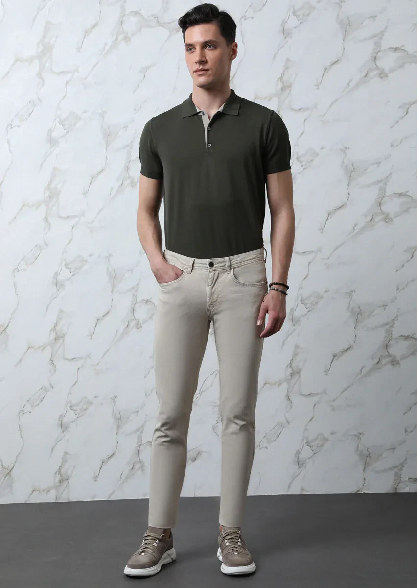Beige Slim Fit Denim Cotton Blended Trousers - 1