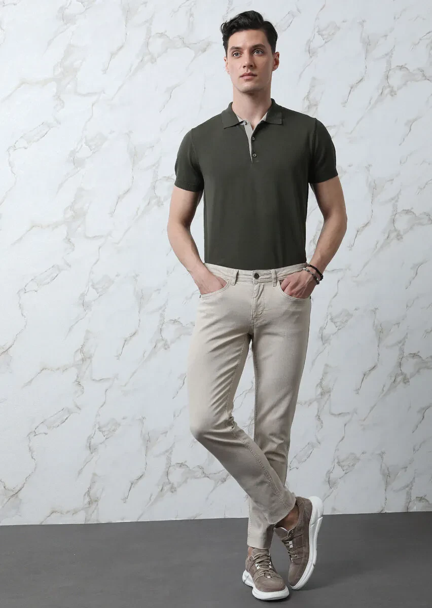 Beige Slim Fit Denim Cotton Blended Trousers - 2