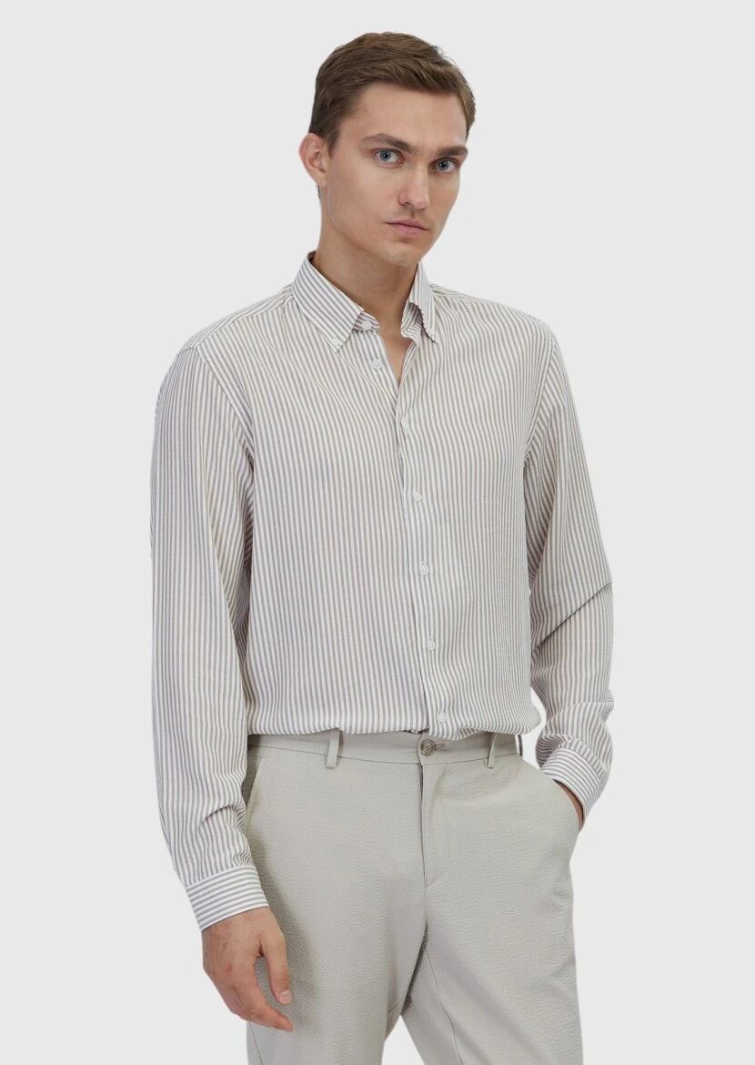 Beige Striped Casual Fit Weaving Casual Shirt - RAMSEY