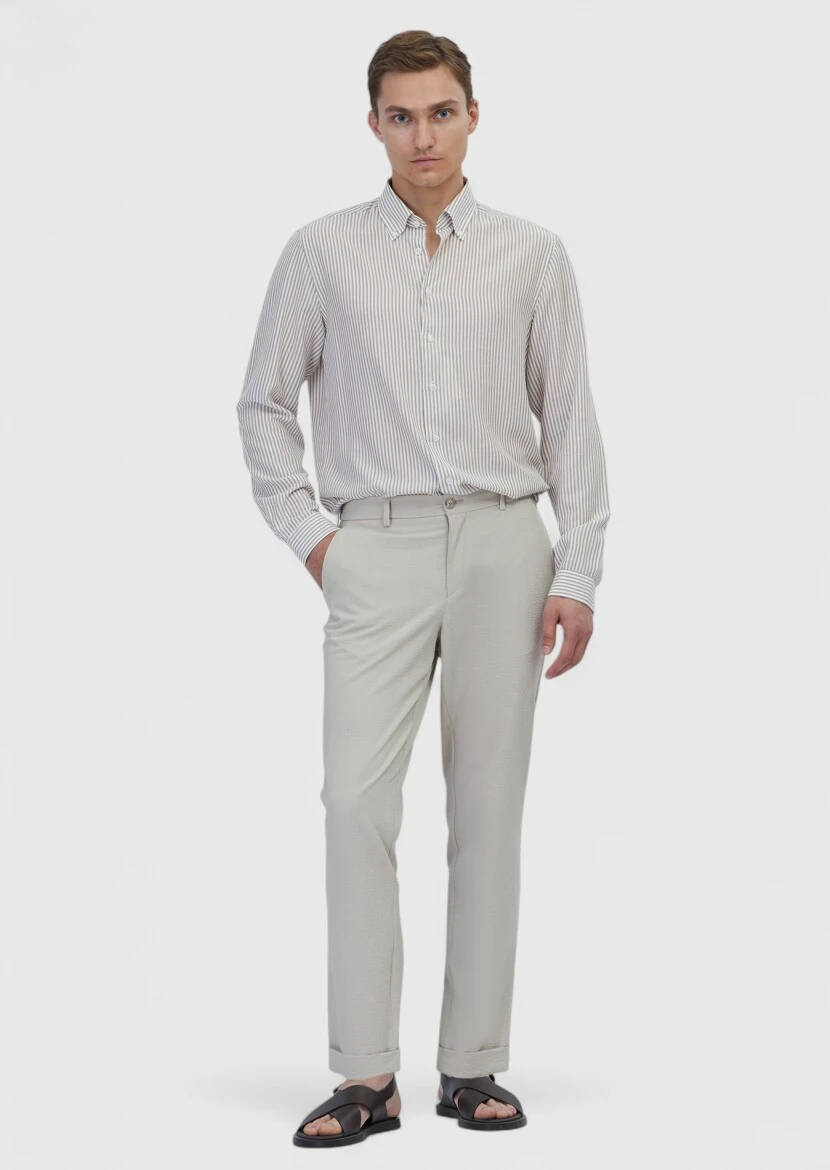 Beige Striped Casual Fit Weaving Casual Shirt - RAMSEY