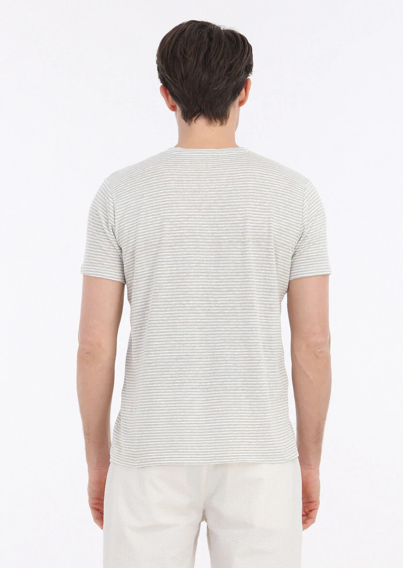 Beige Striped Crew Neck 100% Linen T-Shirt - 5