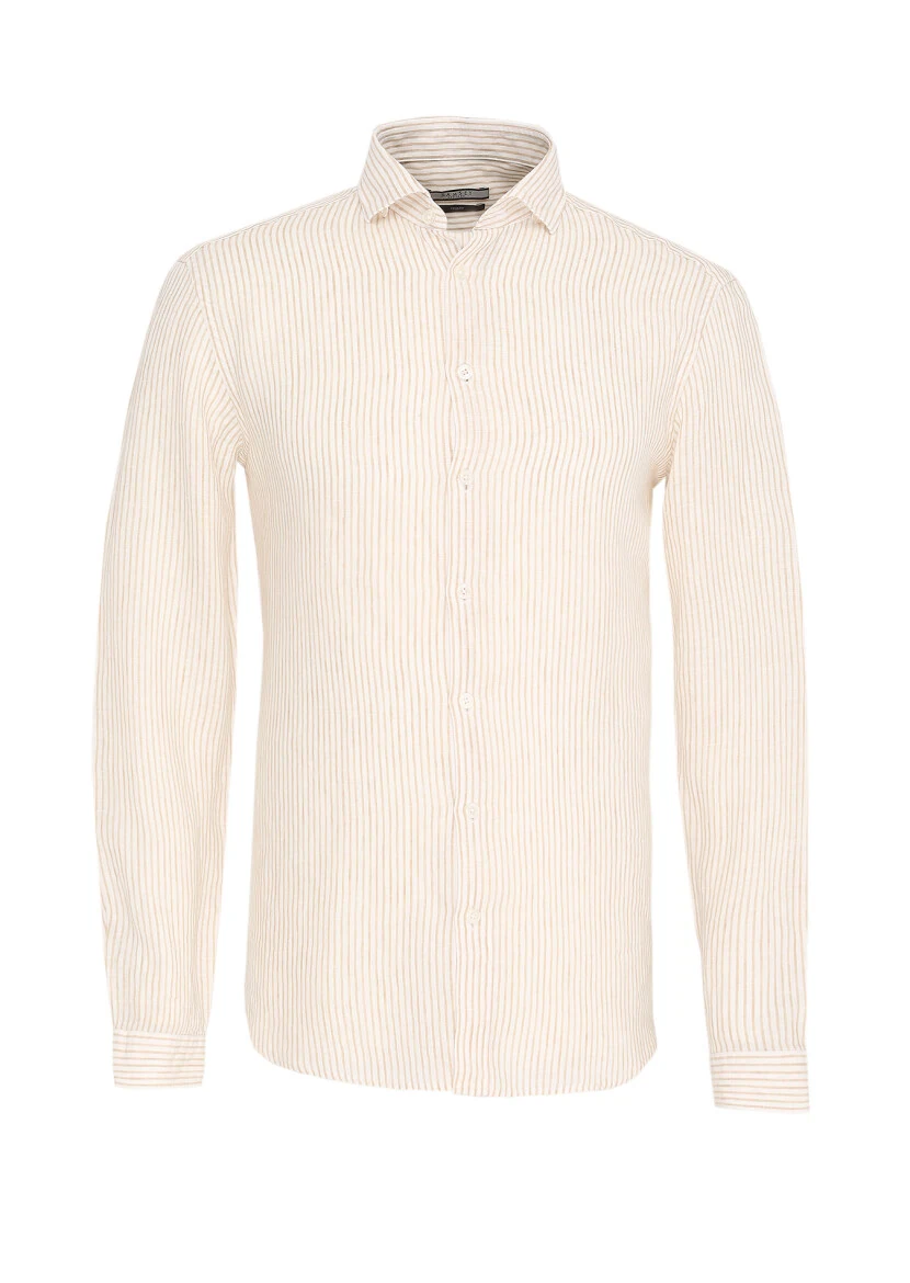 Beige Striped Regular Fit Weaving Casual 100% Linen Shirt - 1
