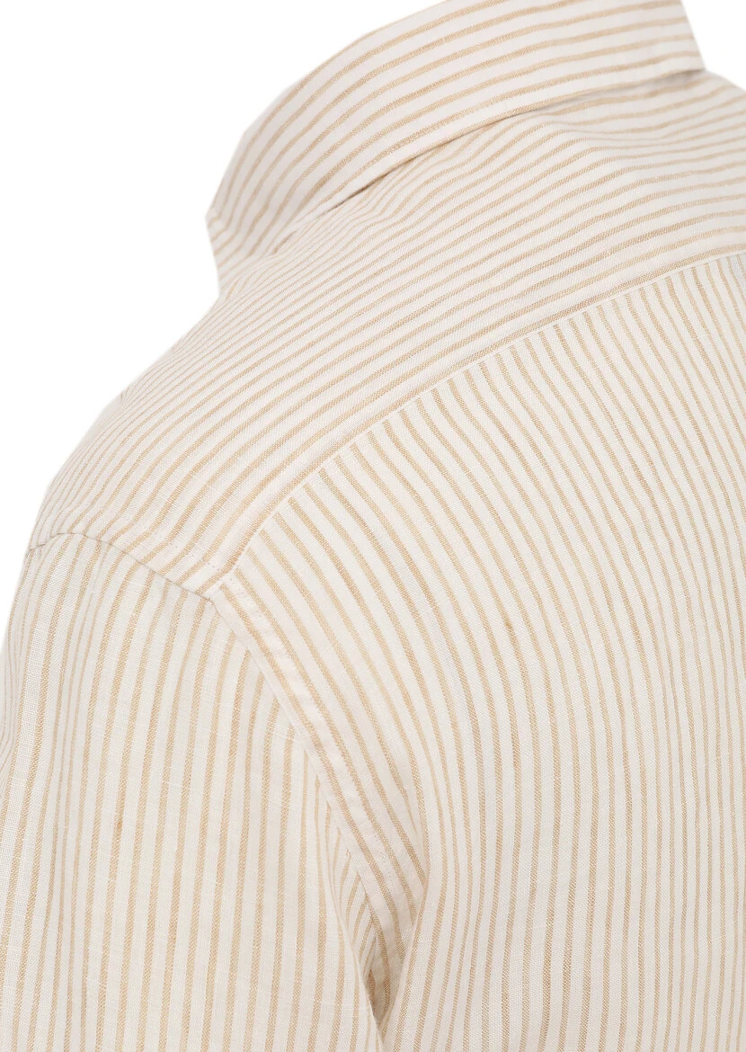 Beige Striped Regular Fit Weaving Casual 100% Linen Shirt - 5