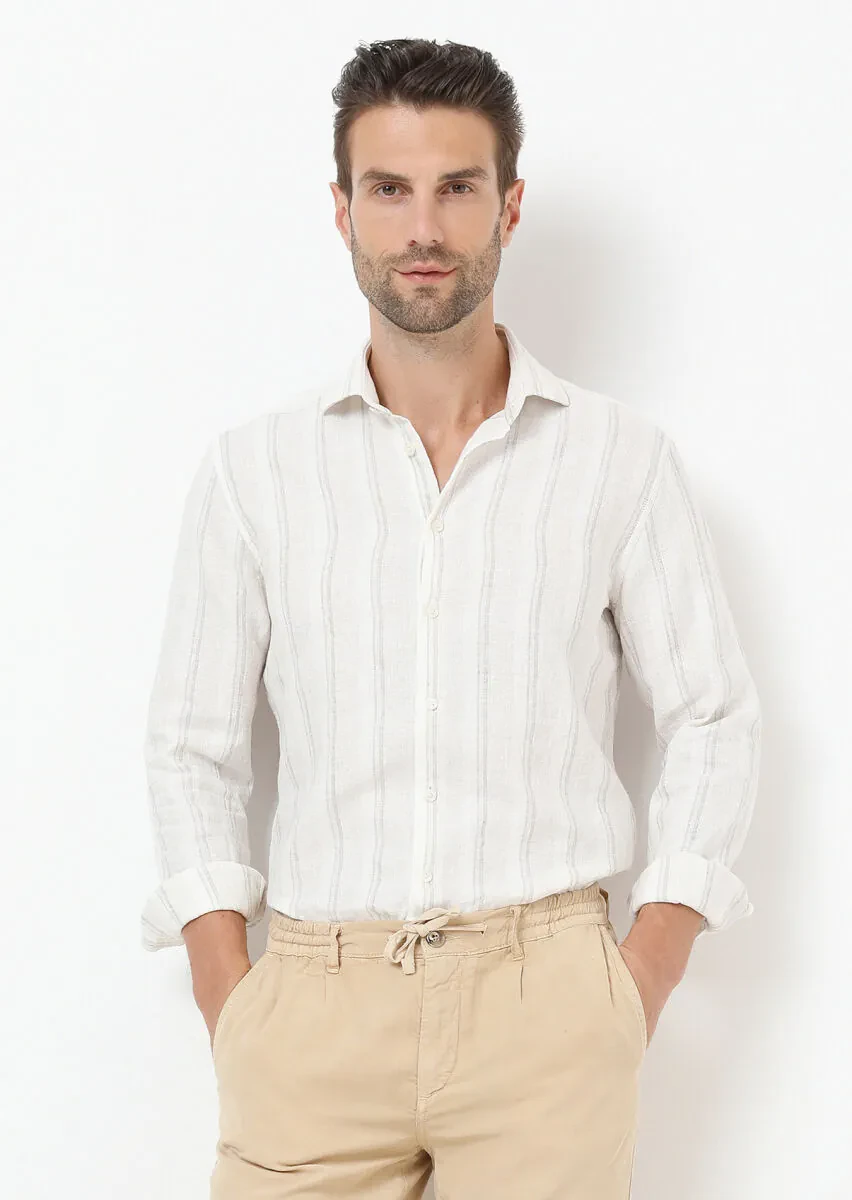 Beige Striped Regular Fit Weaving Casual Cotton Blended Shirt - 1