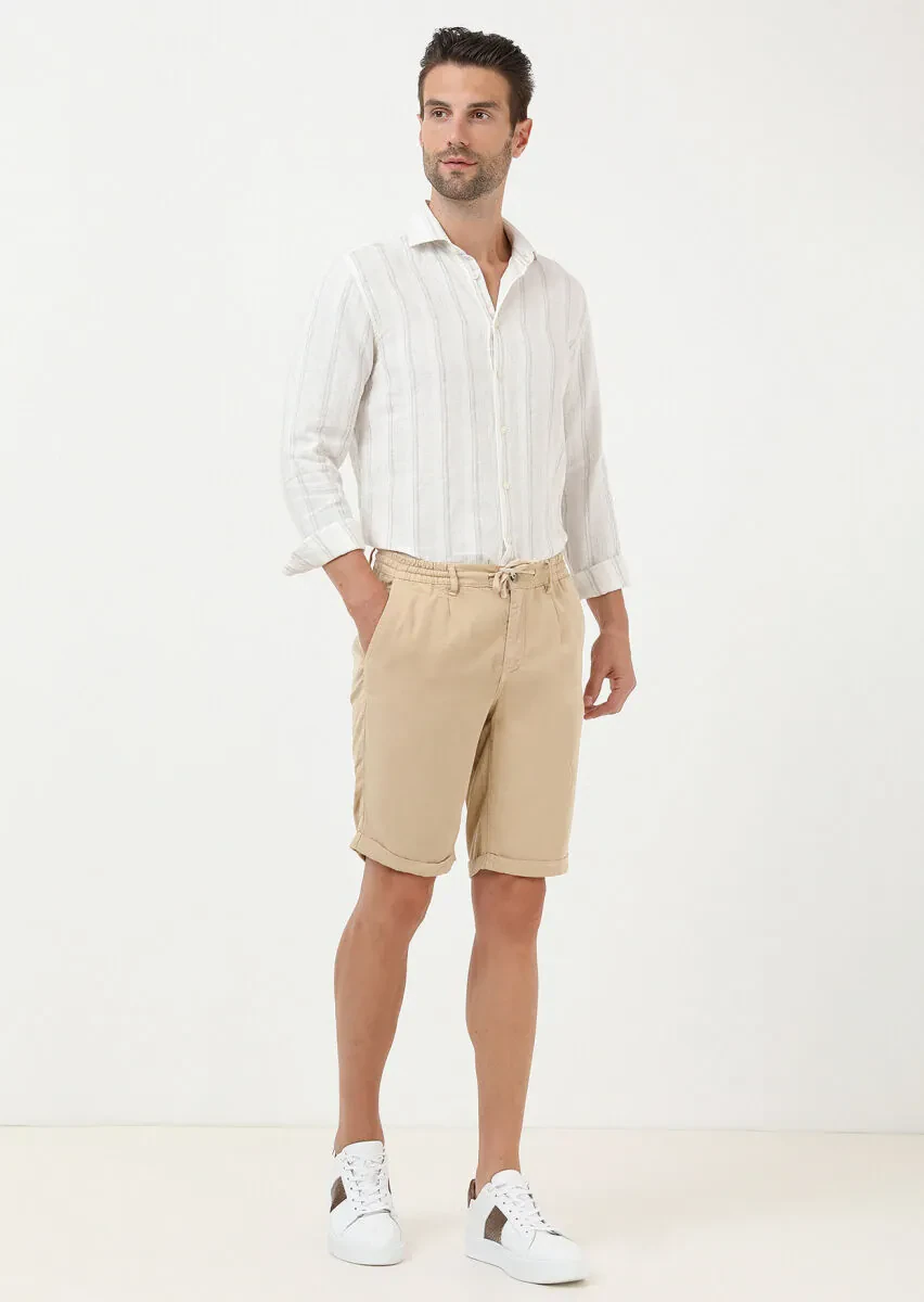 Beige Striped Regular Fit Weaving Casual Cotton Blended Shirt - 2