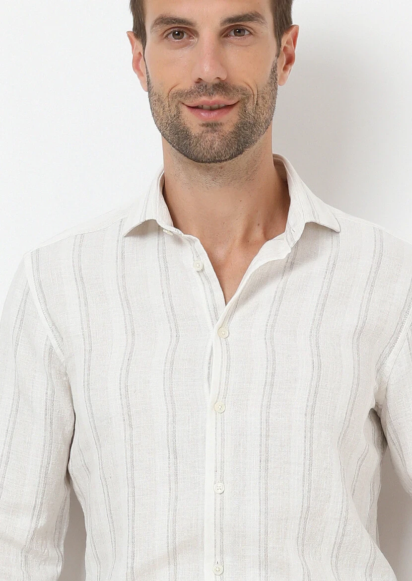 Beige Striped Regular Fit Weaving Casual Cotton Blended Shirt - 3