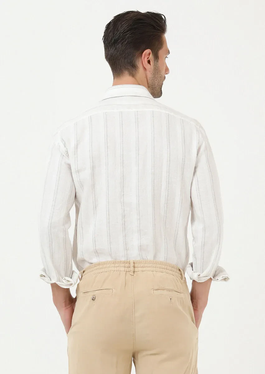 Beige Striped Regular Fit Weaving Casual Cotton Blended Shirt - 4