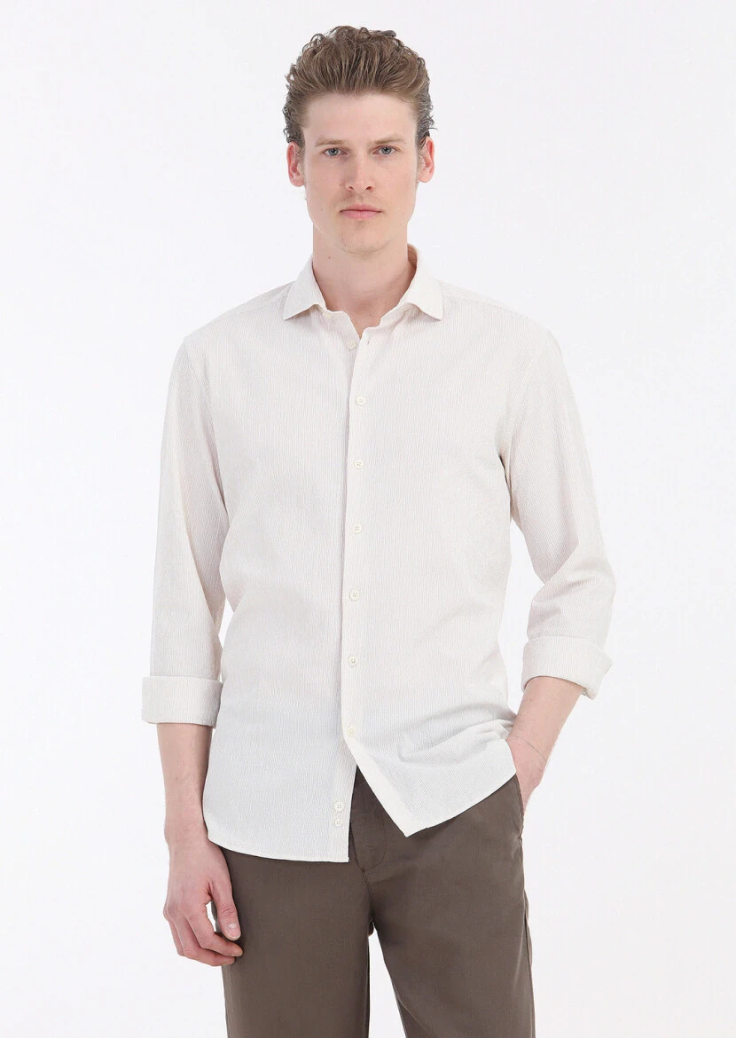 Beige Striped Regular Fit Weaving Casual Cotton Blended Shirt 