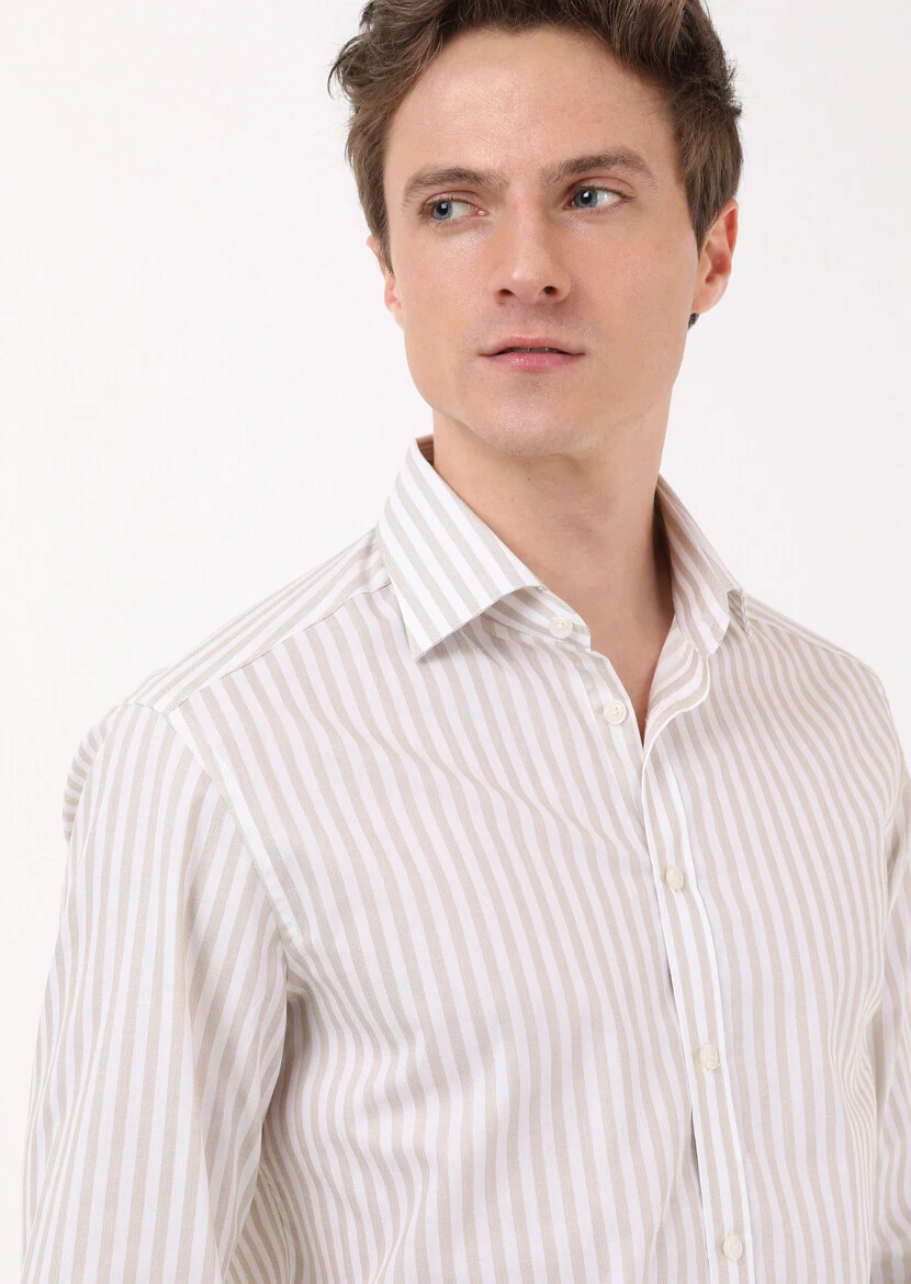 Beige Striped Regular Fit Weaving Classical 100% Cotton Shirt - 1