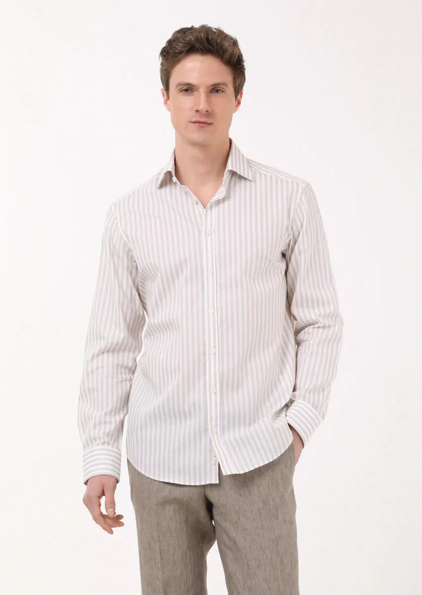 Beige Striped Regular Fit Weaving Classical 100% Cotton Shirt - 2