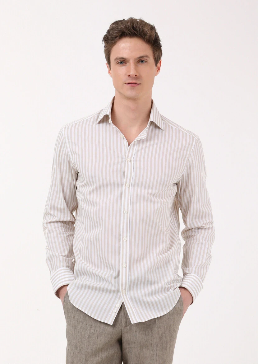 Beige Striped Regular Fit Weaving Classical 100% Cotton Shirt - 3