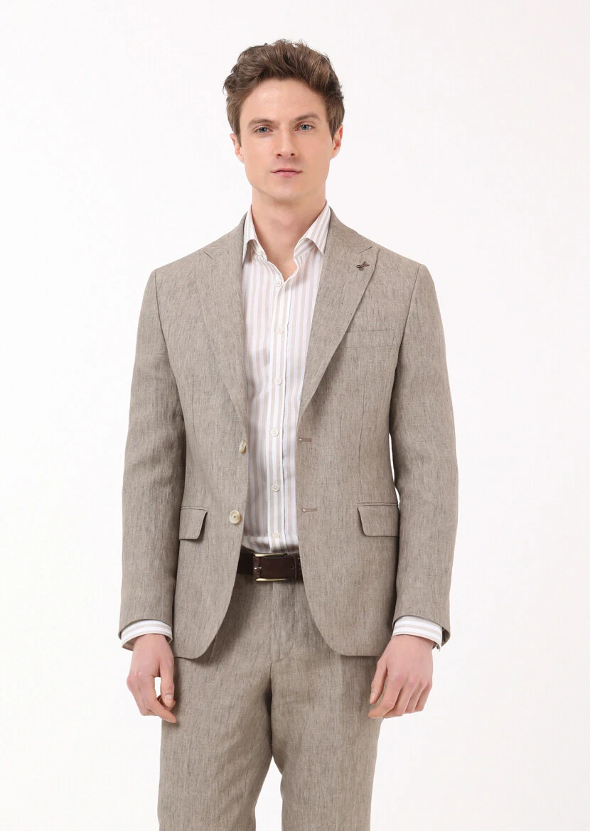 Beige Striped Regular Fit Weaving Classical 100% Cotton Shirt - 4