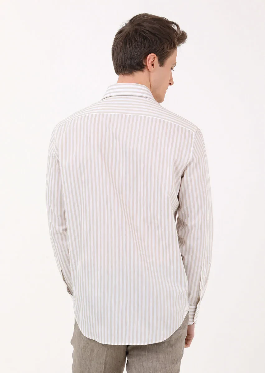 Beige Striped Regular Fit Weaving Classical 100% Cotton Shirt - 5