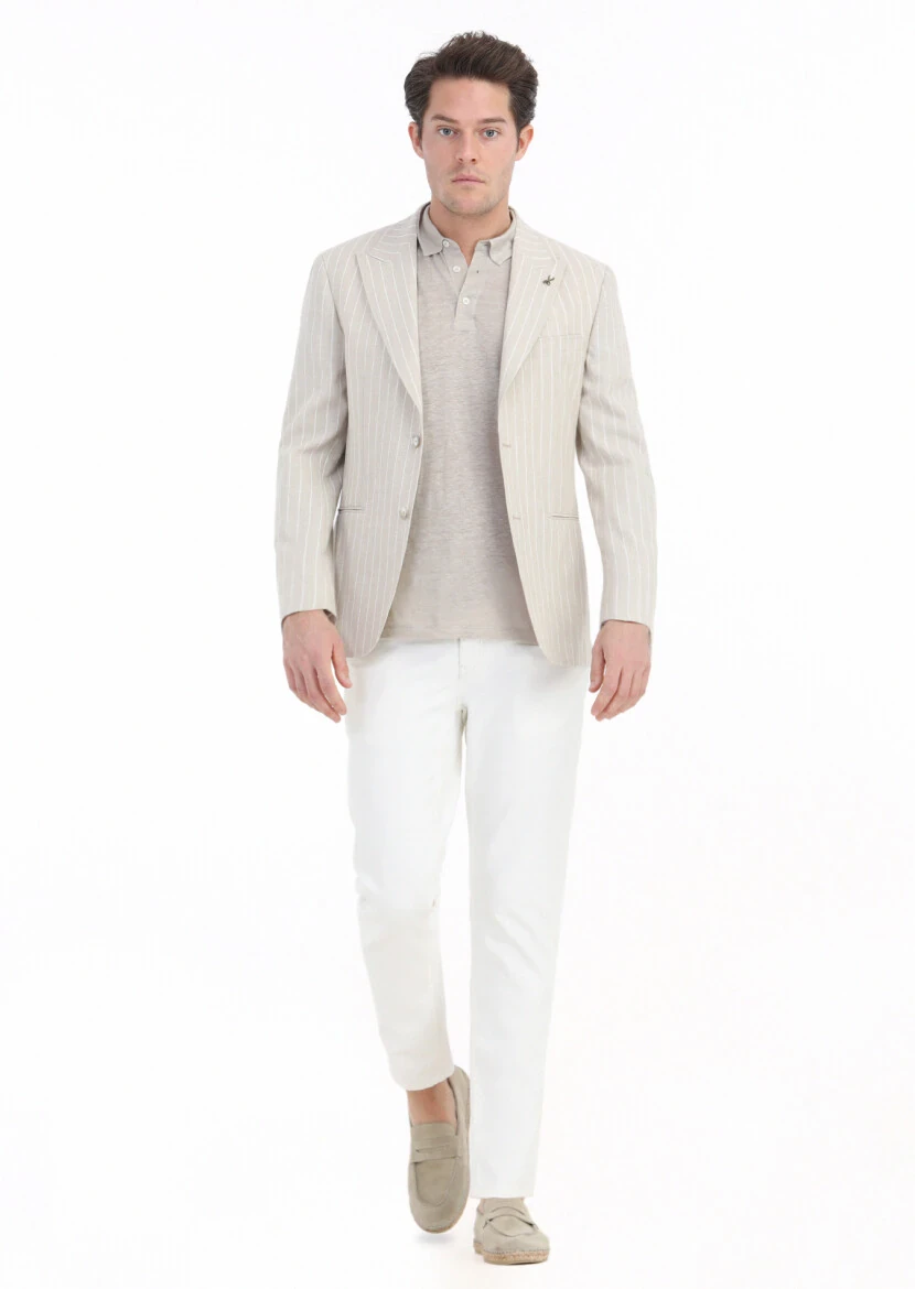 Beige Striped Zeroweight Slim Fit Cotton Blended Jacket - RAMSEY