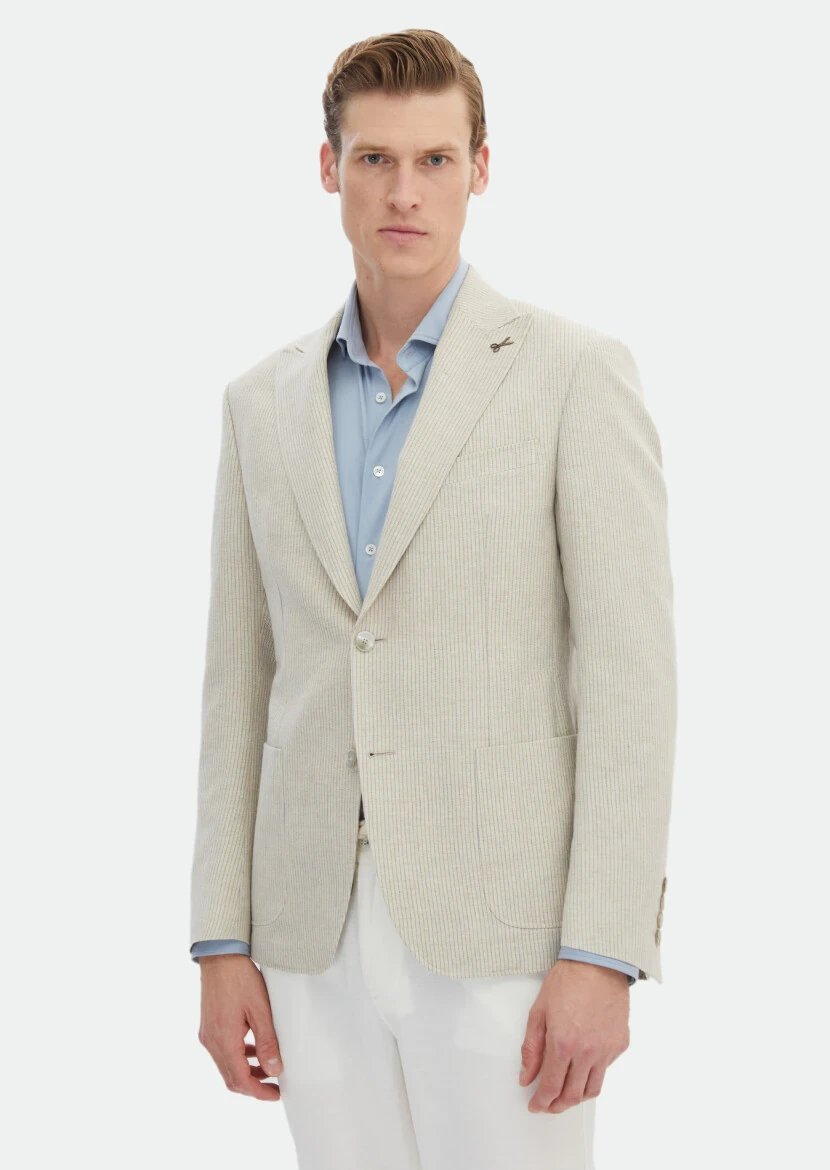 Beige Striped Zeroweight Slim Fit Cotton Blended Jacket - RAMSEY