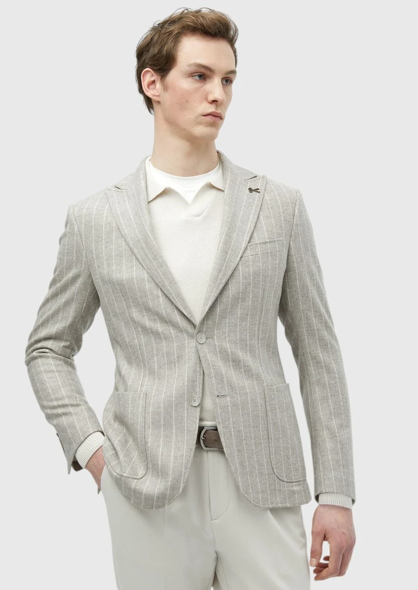 Beige Striped Zeroweight Slim Fit Wool Blended Jacket - RAMSEY