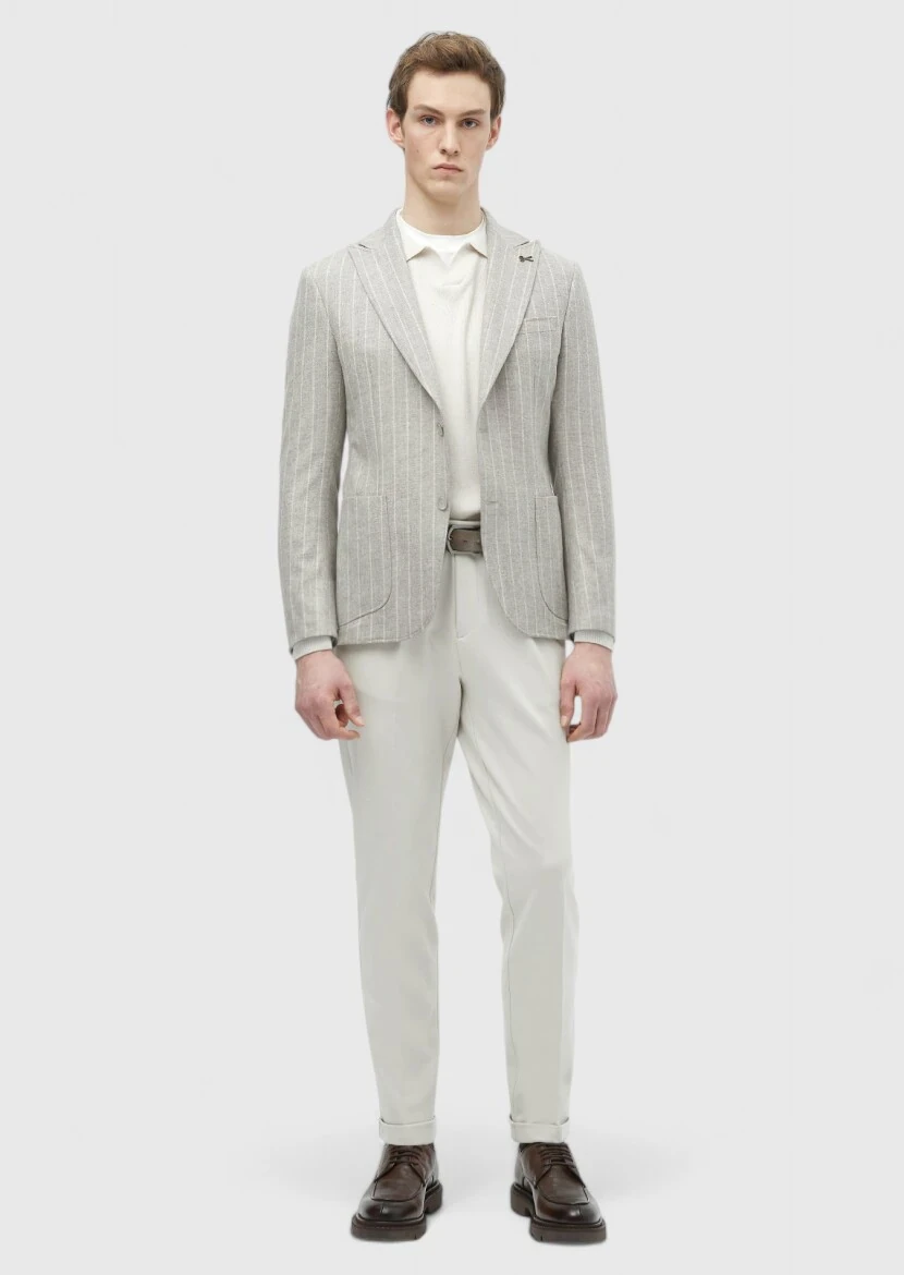 Beige Striped Zeroweight Slim Fit Wool Blended Jacket - RAMSEY