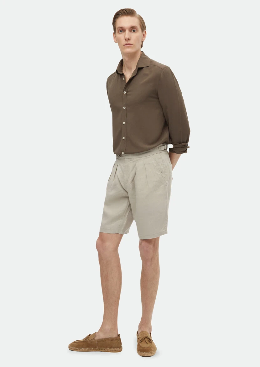 Beige Weaving Carrot Fit Casual 100% Linen Bermuda - RAMSEY