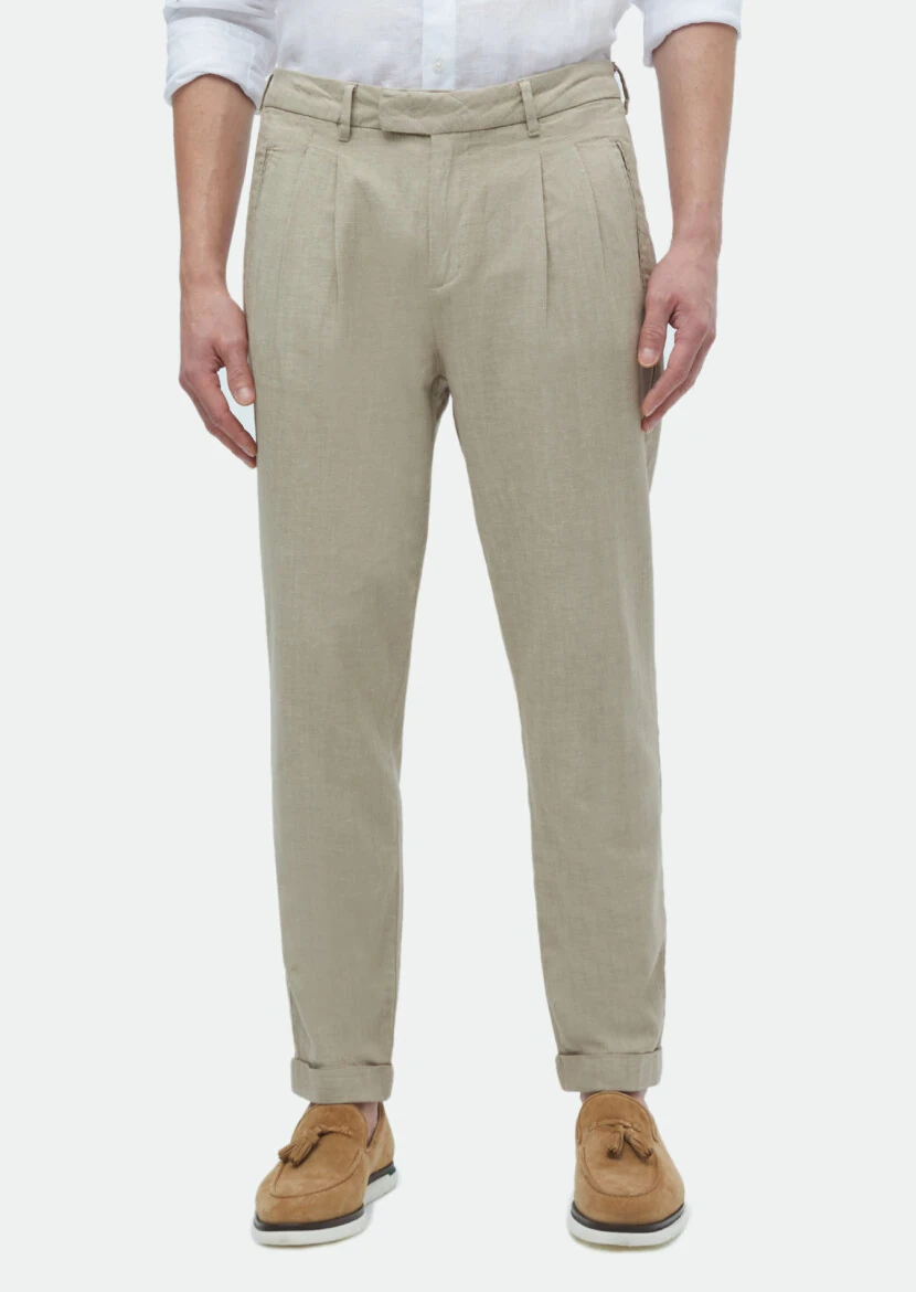 Beige Weaving Carrot Fit Casual Cotton Blended Trousers - RAMSEY