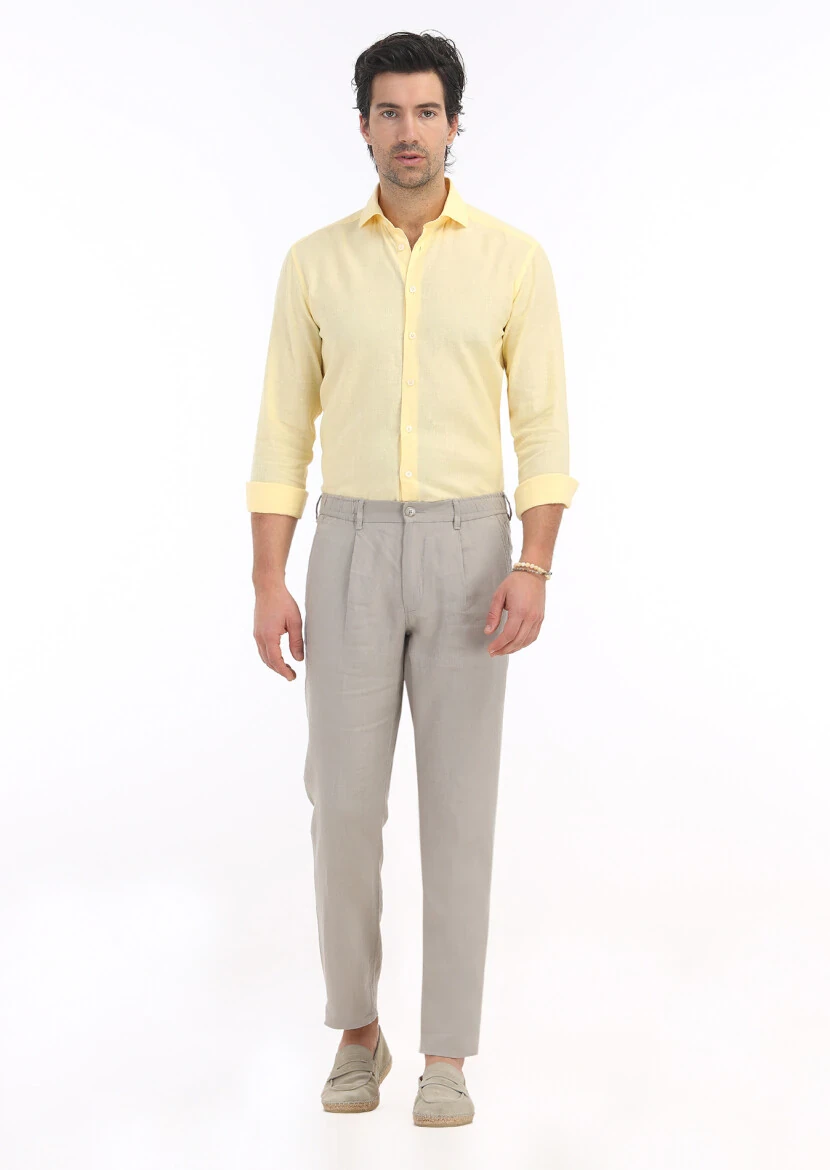 Beige Weaving Jogging Fit Casual 100% Linen Trousers - 1