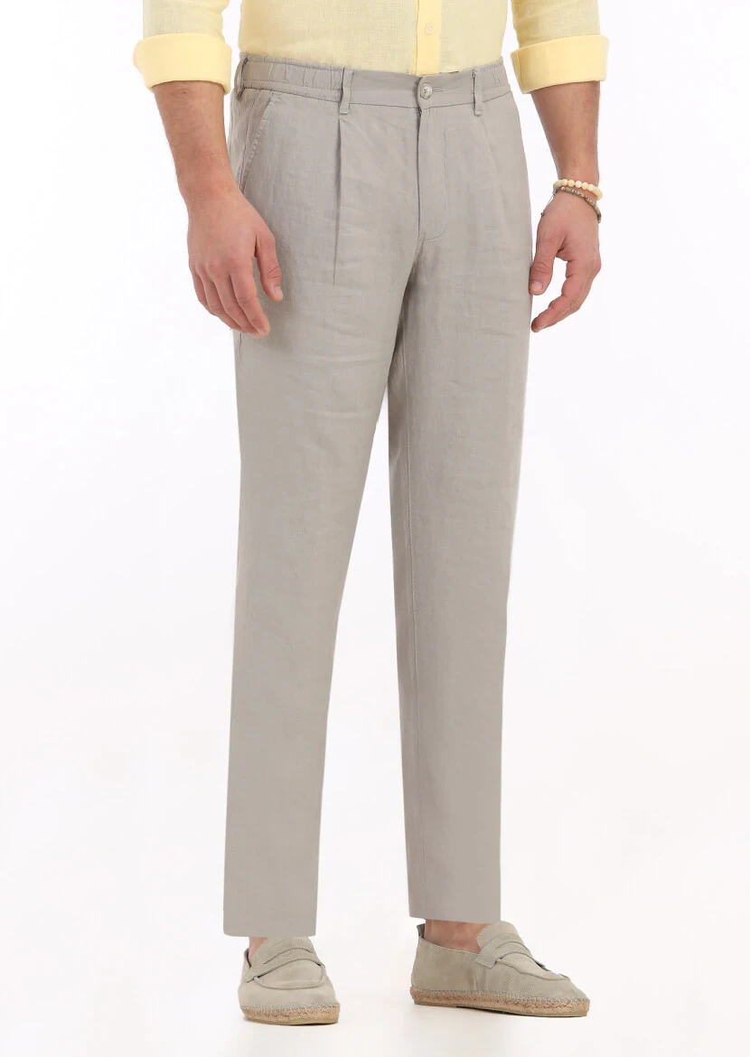 Beige Weaving Jogging Fit Casual 100% Linen Trousers 