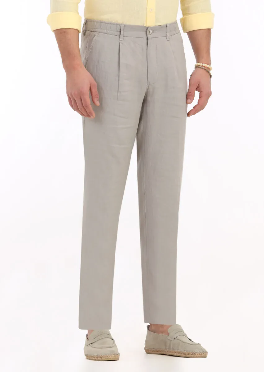 Beige Weaving Jogging Fit Casual 100% Linen Trousers - 2