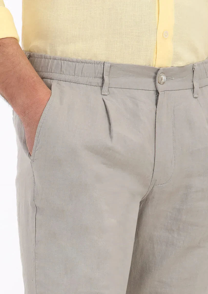 Beige Weaving Jogging Fit Casual 100% Linen Trousers - 3