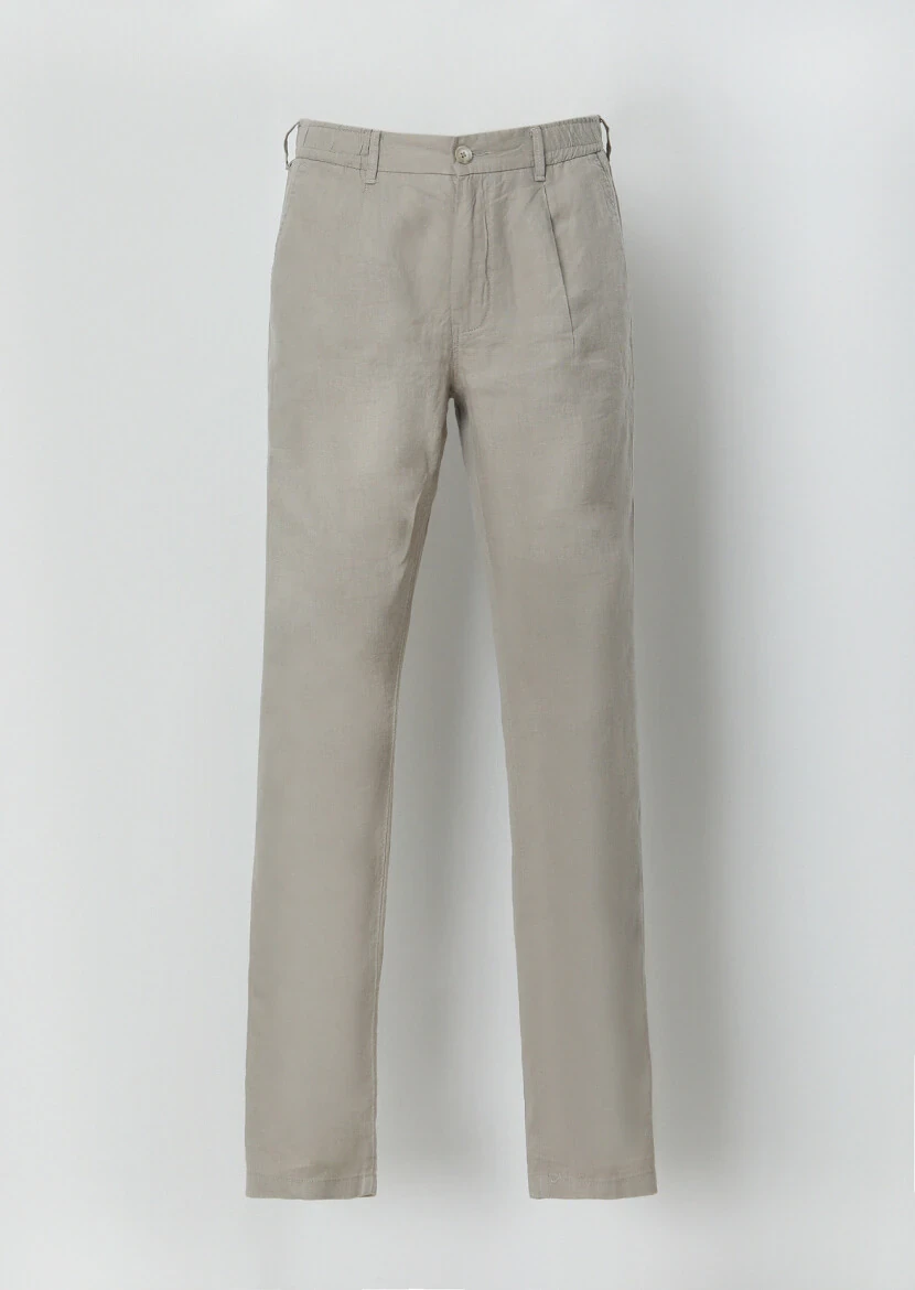 Beige Weaving Jogging Fit Casual 100% Linen Trousers - 5