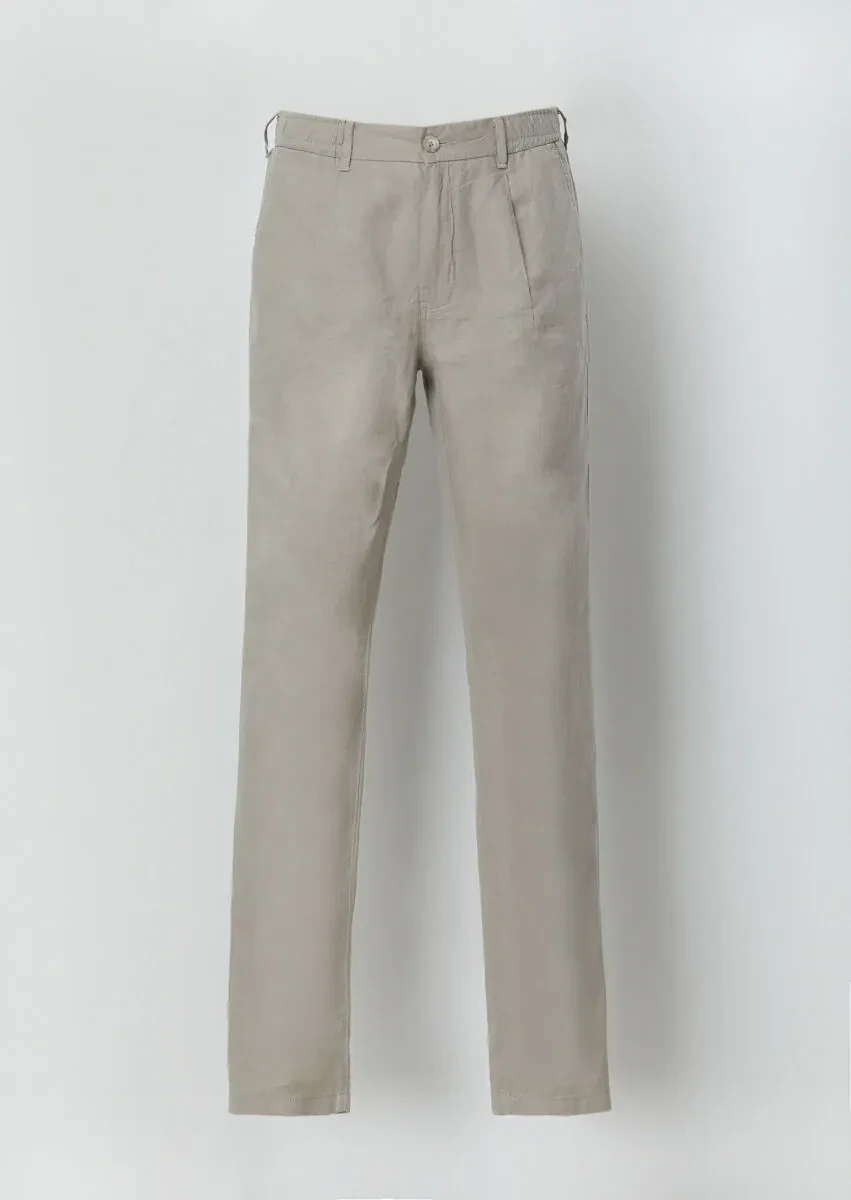 Beige Weaving Jogging Fit Casual 100% Linen Trousers - 5