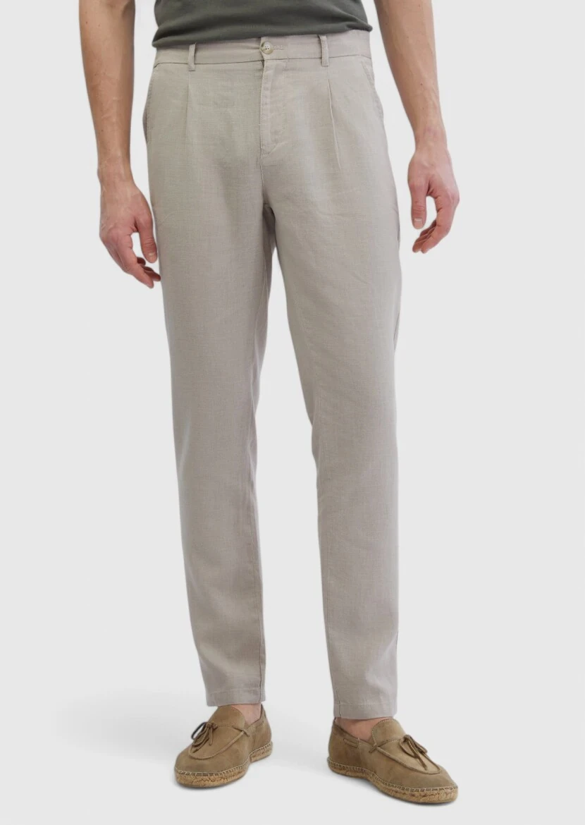 Beige Weaving Jogging Fit Casual 100% Linen Trousers - RAMSEY