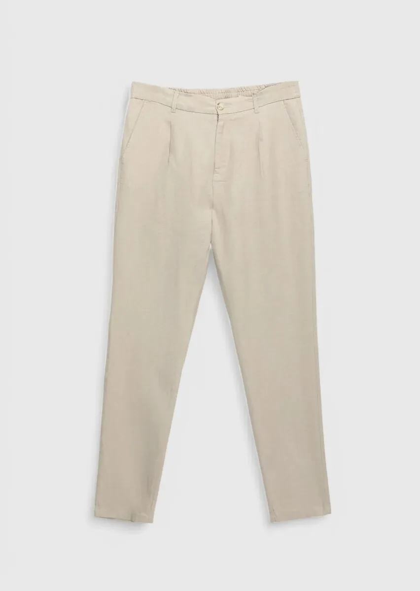 Beige Weaving Jogging Fit Casual 100% Linen Trousers - 6