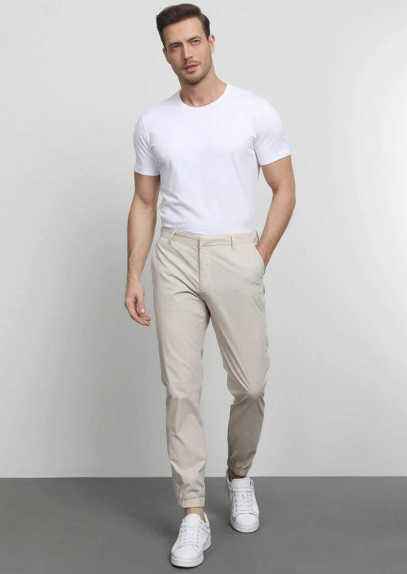 Beige Weaving Jogging Fit Casual Cotton Blended Trousers - 1