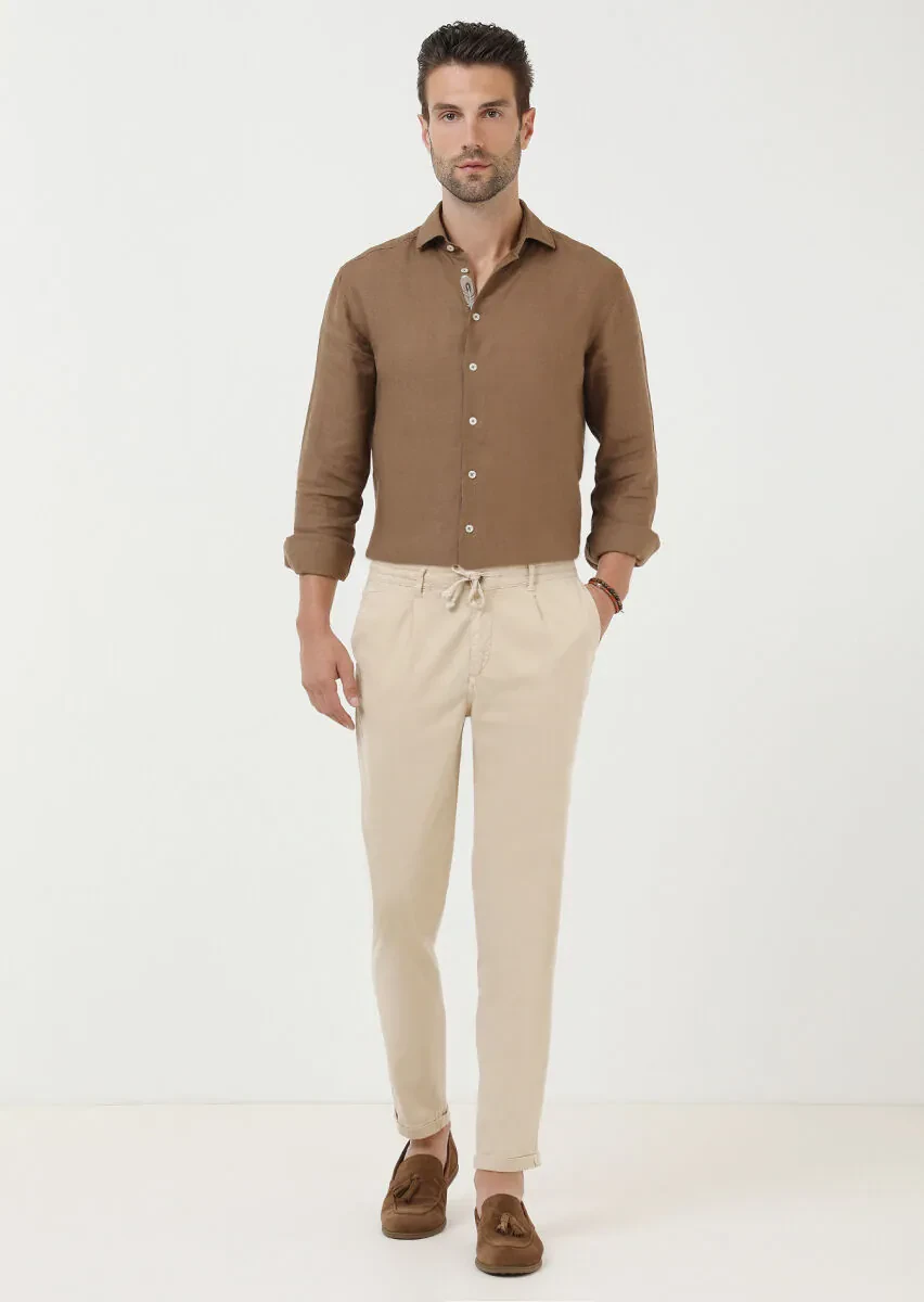 Beige Weaving Jogging Fit Casual Cotton Blended Trousers - 1