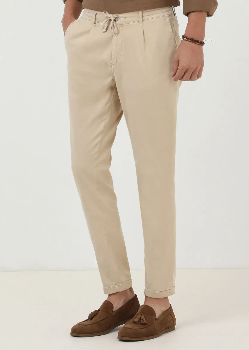 Beige Weaving Jogging Fit Casual Cotton Blended Trousers - 2