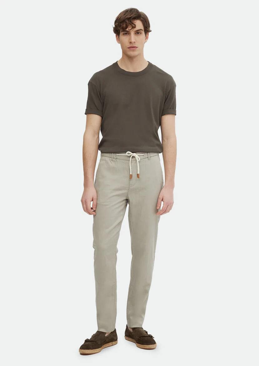 Beige Weaving Jogging Fit Casual Cotton Blended Trousers - 1