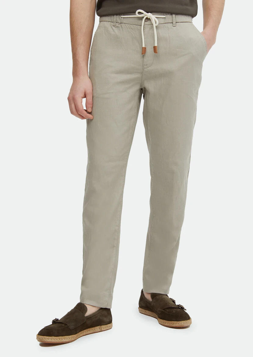 Beige Weaving Jogging Fit Casual Cotton Blended Trousers 