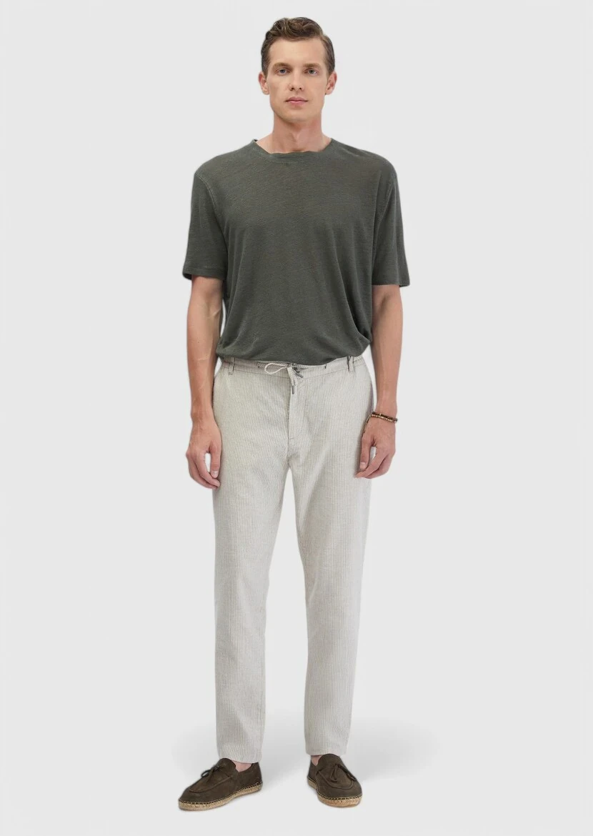 Beige Weaving Jogging Fit Casual Cotton Blended Trousers - RAMSEY