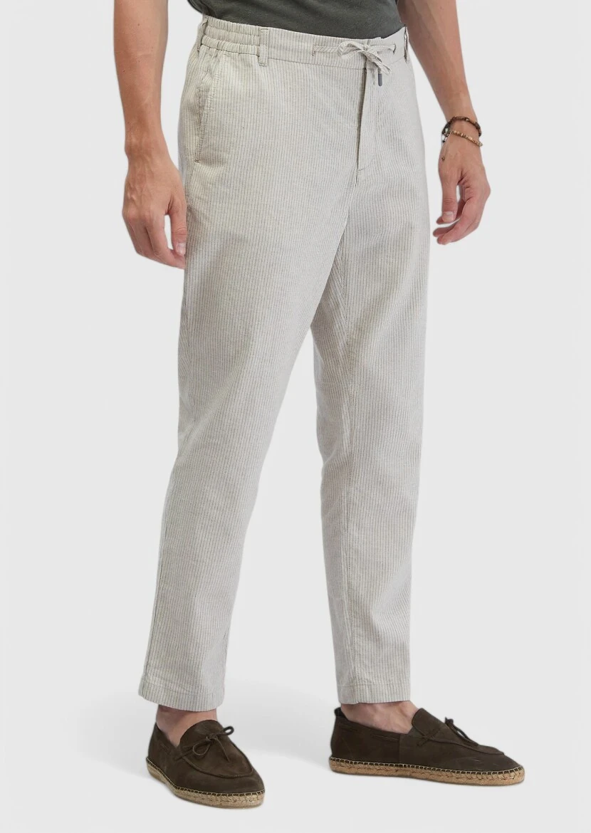 Beige Weaving Jogging Fit Casual Cotton Blended Trousers - RAMSEY