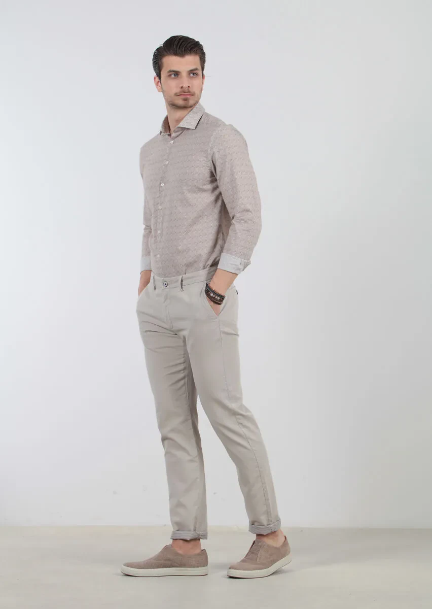Beige Weaving Regular Fit Casual 100% Cotton Trousers - 2