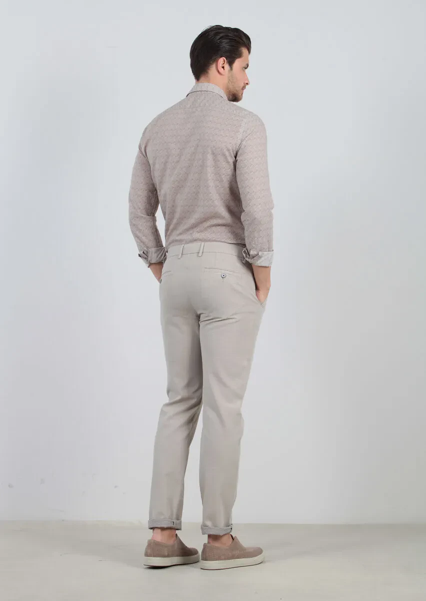 Beige Weaving Regular Fit Casual 100% Cotton Trousers - 4