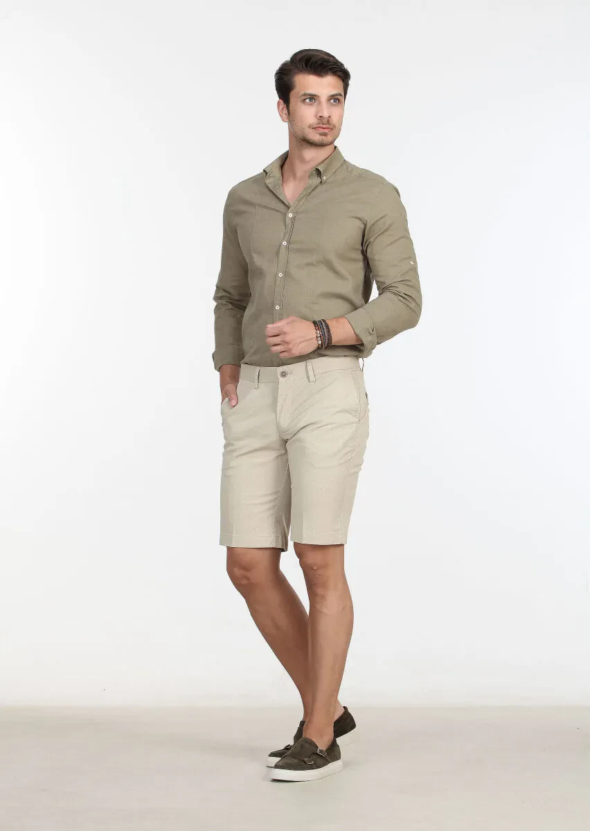 Beige Weaving Regular Fit Casual Cotton Blended Bermuda - 2