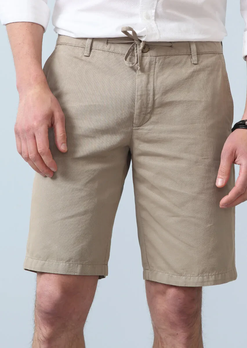 Beige Weaving Regular Fit Casual Cotton Blended Bermuda - 2