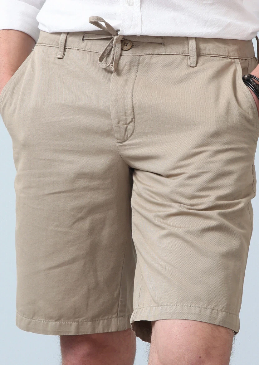 Beige Weaving Regular Fit Casual Cotton Blended Bermuda - 4