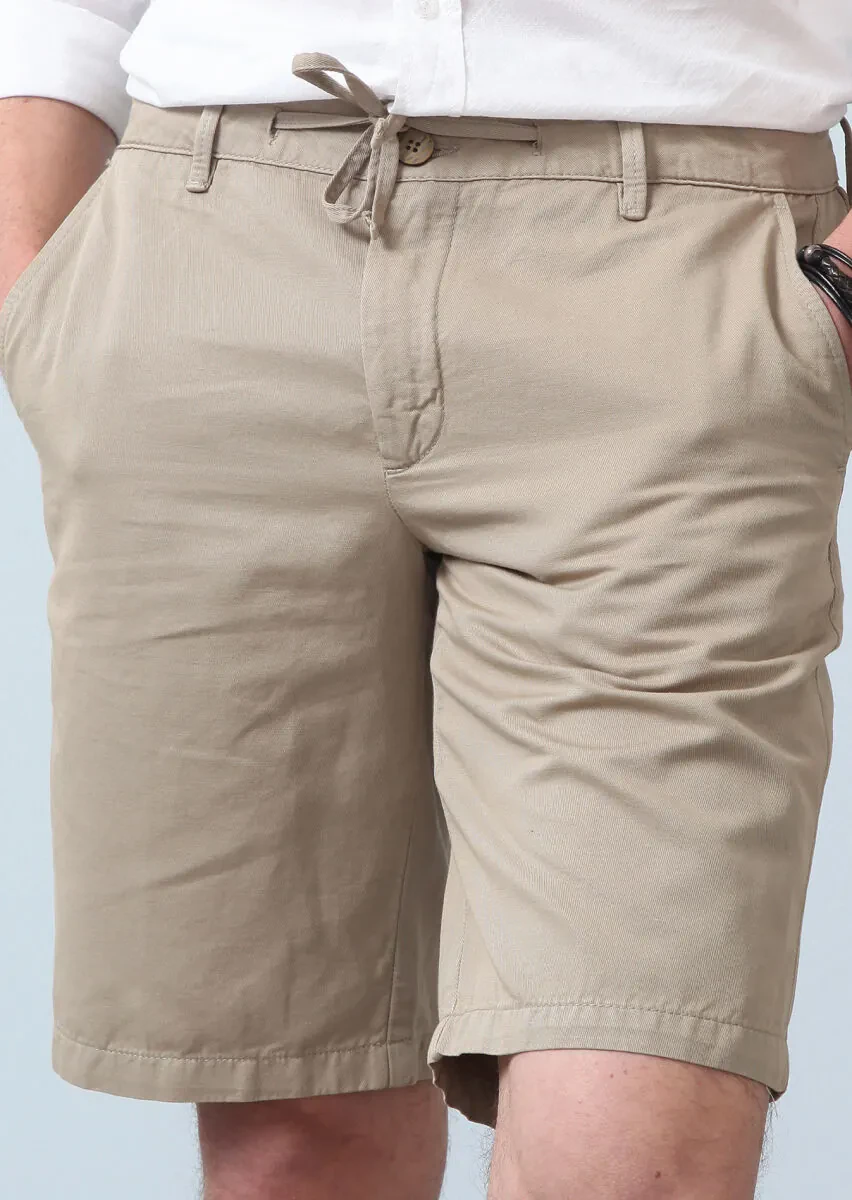 Beige Weaving Regular Fit Casual Cotton Blended Bermuda - 4