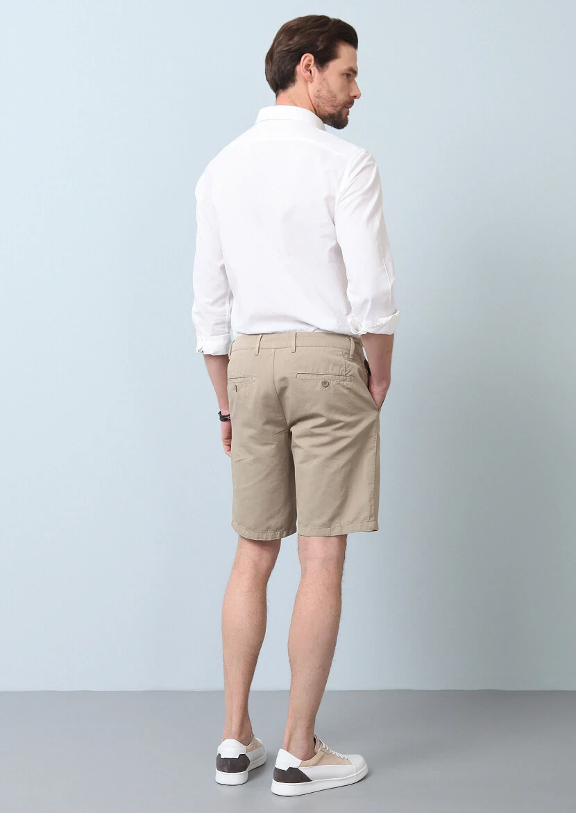 Beige Weaving Regular Fit Casual Cotton Blended Bermuda - 5